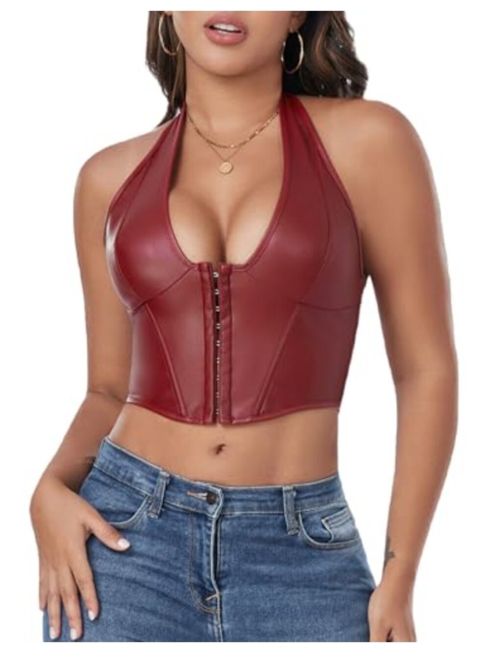 FEOYA Women's Halter Crop Top Y2K Low Cut Vest Front Closure Sleeveless Party